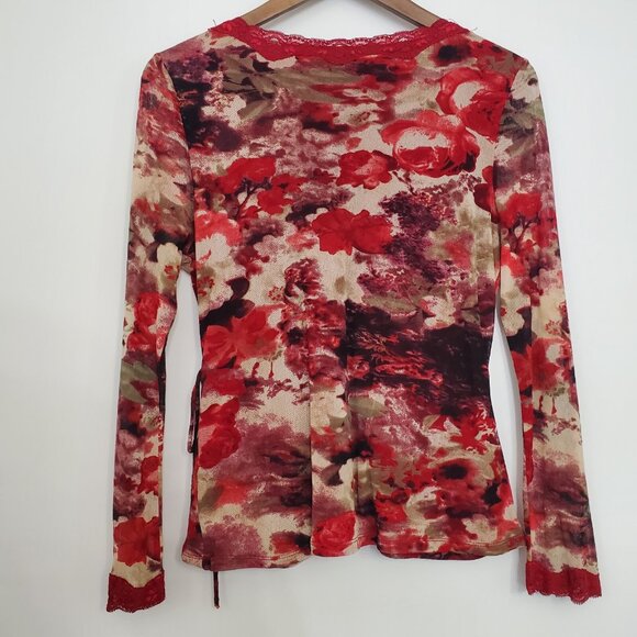 INC Womens Red Floral Lace Trim Side Tie Blouse Size M V Neck Whimsigoth Y2K - Picture 3 of 8